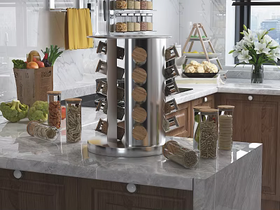 Stainless Steel Rotating Spice Rack With Glass Bottles On Marble Kitchen Counter 3d model