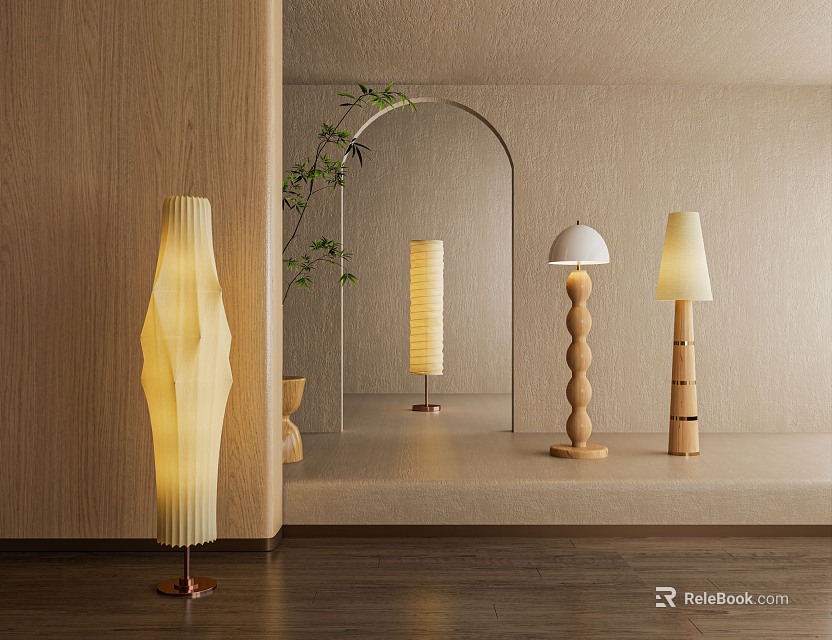 Contemporary Floor Lamps With Unique Textured Shades And Wooden Bases For Living Room 3d model 