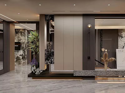 Modern Luxury Entryway Side Cabinet For Home Foyer With Decorative Plants And Marble Accents 3d model