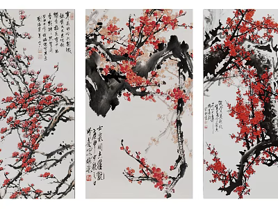 Chinese Ink Botanical Paintings Triptych with Red Plum Blossoms and Calligraphy 3d model