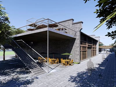 Charming Commercial Street with Brick Building Terrace Railing Outdoor Seating Trees and Stone Pavement 3d model