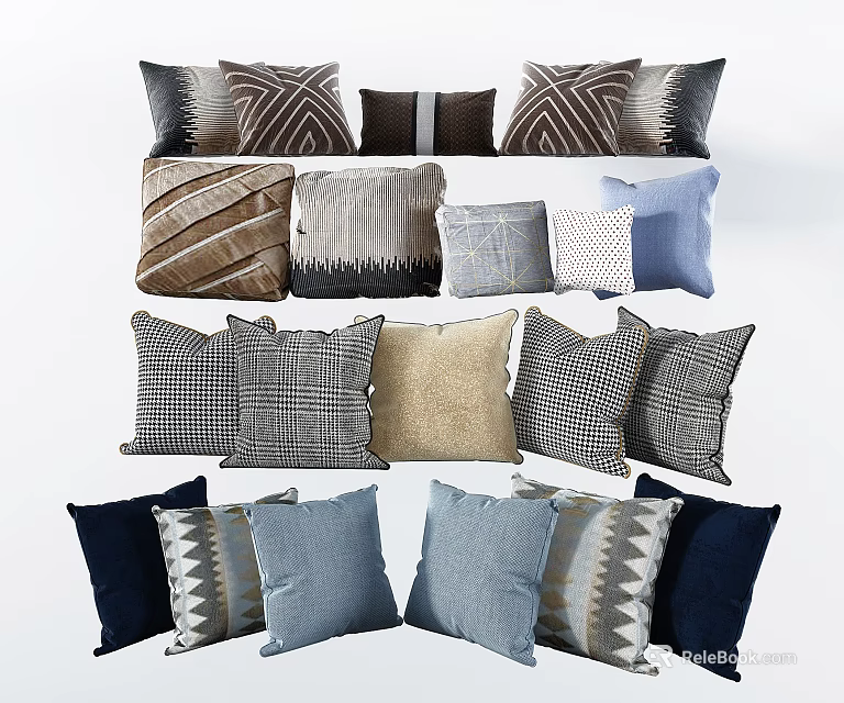 Assorted Decorative Throw Pillows With Diverse Patterns Colors And Textures 3d model