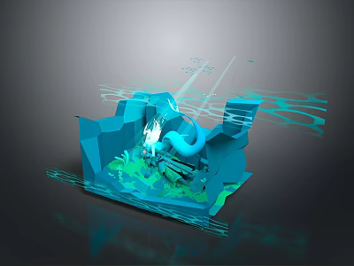 Abstract Blue 3D Model Design With Geometric Shapes Green Elements And Light Lines 3d model