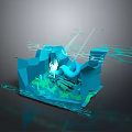 Abstract Blue 3D Model Design With Geometric Shapes Green Elements And Light Lines