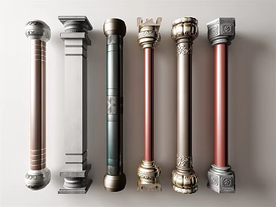 Various Decorative Columns With Classical Designs And Metallic Finishes 3d model