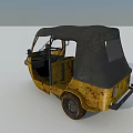 Rusty Yellow Motor Tricycle With Black Roof And Open Cabin Structure Design