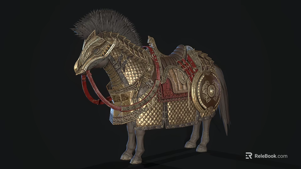 Intricately Designed Ornate Horse With Golden Armor Red Straps And Decorative Shield 3d model 