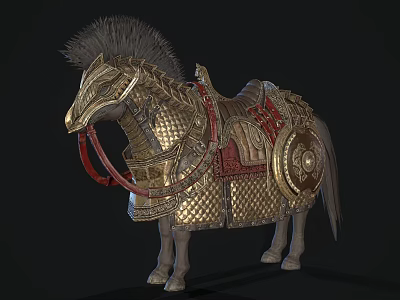 Intricately Designed Ornate Horse With Golden Armor Red Straps And Decorative Shield 3d model
