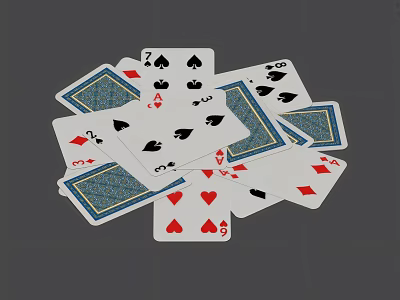 Playing Cards With Various Suits Numbers And Blue Backs Scattered On Surface 3d model