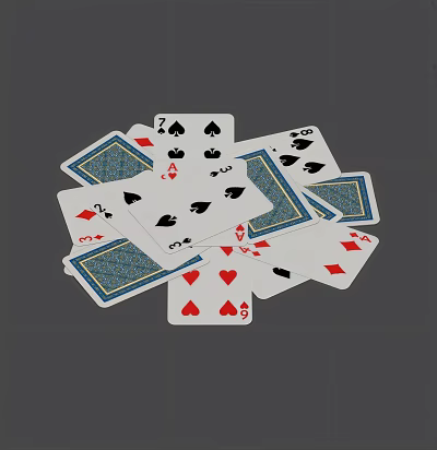 Playing Cards With Various Suits Numbers And Blue Backs Scattered On Surface 3d model