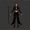 Fantasy Red Haired Female Mage In Black Orange Outfit Holding Staff With Green Blue Gems