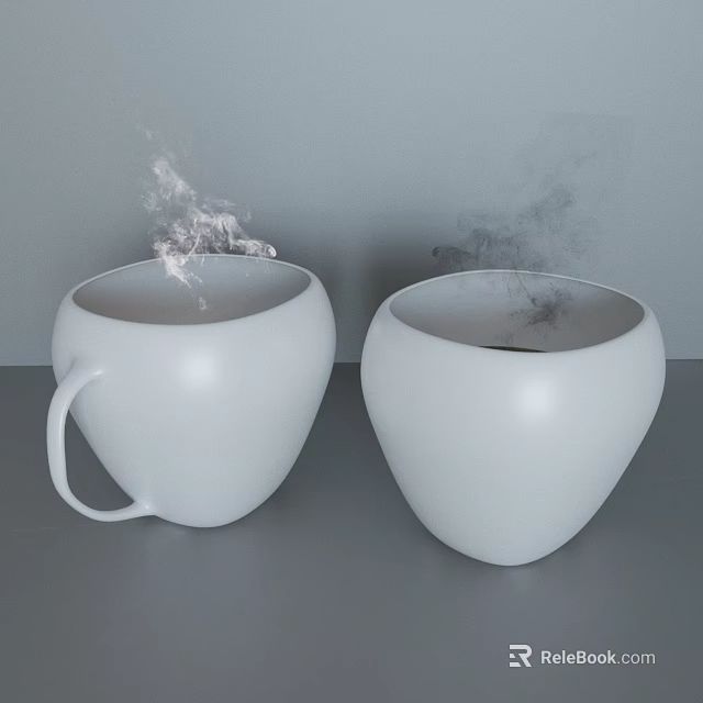 White Round Design Cups With Handle And Without Handle Steaming Hot Drink 3d model