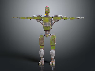 Green And Gray Mechanical Robot With Red Head And Extended Arms 3d model