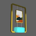 Public Facility Featuring Golden Frame Sunset Mountain Artwork And Light Blue Seat