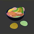 Black Bowl Filled With Crunchy Yellow Potato Chips Two Chips Beside