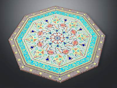 Octagonal Decorative Tile With Intricate Floral Geometric Patterns Blue Red Yellow Colors For Floor Decoration 3d model