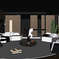 Modern Living Room Interior With White Sofas Round Coffee Table Wooden Partitions And Cactus