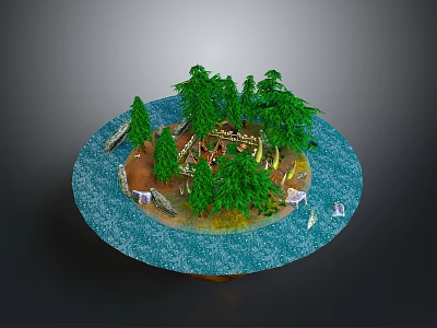 Scenic Island Landscape with Lush Green Trees Wooden Structures and Boats on Blue Water 3d model