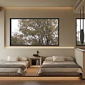 Modern Hotel Guest Room With Twin Beds Nightstand Large Tree Painting And Curtains
