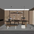 Modern Minimalist Tea Room Interior With Wooden Cabinets Floating Shelves Tea Sets And Long Table