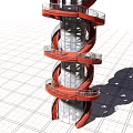 Red Spiral Staircase Structure With Metal Railings And Black Central Column