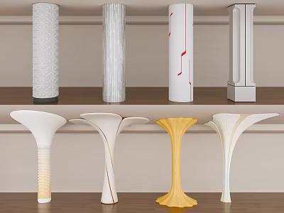 Modern Decorative Columns With Textured Surfaces Various Designs And Colors Displayed On Shelves 3d model