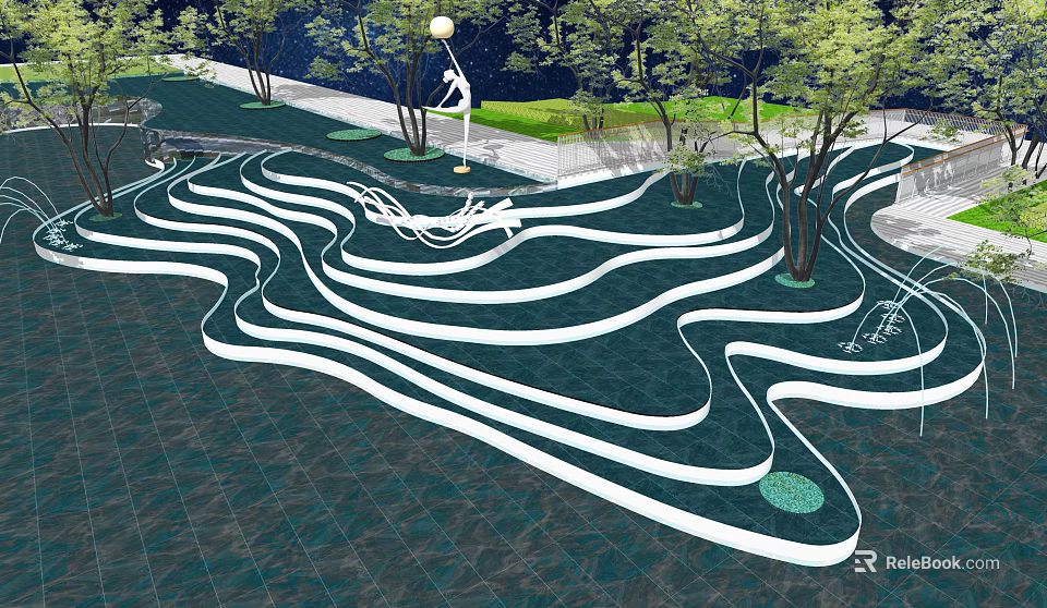 Modern Garden Landscape Features With Wavy White Lines Design Trees And Lawn Areas 3d model 