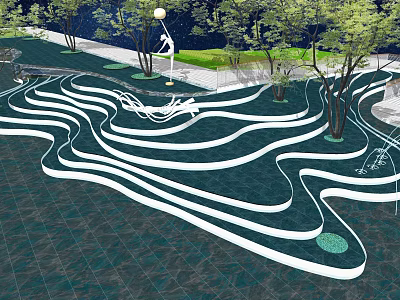 Modern Garden Landscape Features With Wavy White Lines Design Trees And Lawn Areas 3d model