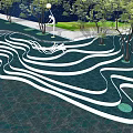 Modern Garden Landscape Features With Wavy White Lines Design Trees And Lawn Areas