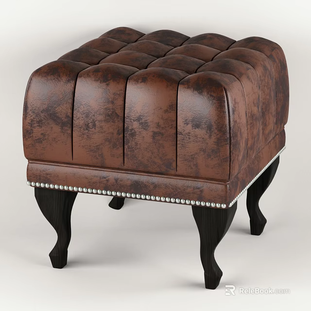 Brown Leather Tufted Sofa Stool With Decorative Studs And Black Legs 3d model 