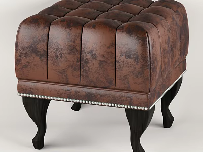 Brown Leather Tufted Sofa Stool With Decorative Studs And Black Legs 3d model
