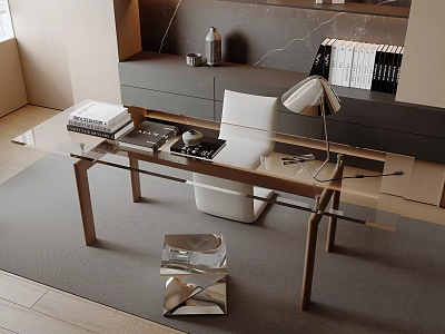 Modern Glass Top Desk Chair Set With Wooden Legs White Chair And Table Lamp 3d model