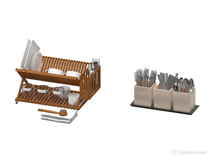Tableware Set with Multi Layer Wooden Rack and Divided Organizer for Kitchen Utensils Storage 3d model 