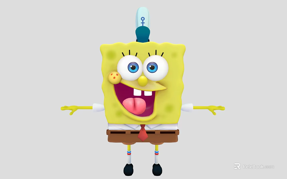 SpongeBob SquarePants Character With Big Eyes Open Arms Brown Shorts Red Tie And Blue Hat 3d model 