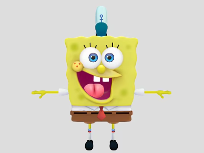 SpongeBob SquarePants Character With Big Eyes Open Arms Brown Shorts Red Tie And Blue Hat 3d model