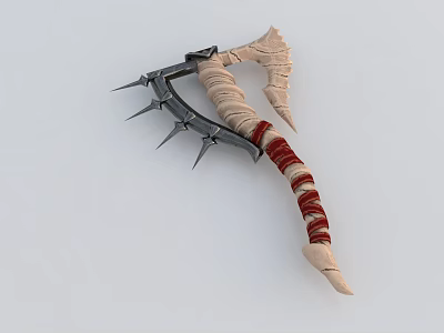 Medieval Spiked Axe Weapon With Curved Metal Blade And Red Wrapped Handle 3d model