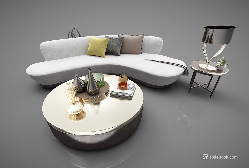 Modern Light Gray Sectional Sofa With Colorful Pillows Round Coffee Table And Floor Lamp 3d model 
