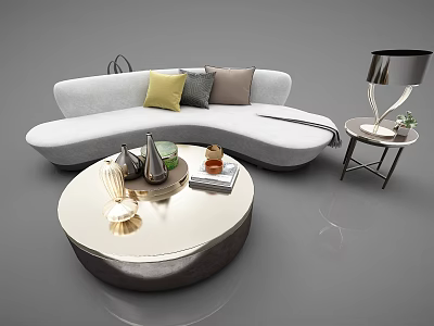 Modern Light Gray Sectional Sofa With Colorful Pillows Round Coffee Table And Floor Lamp 3d model