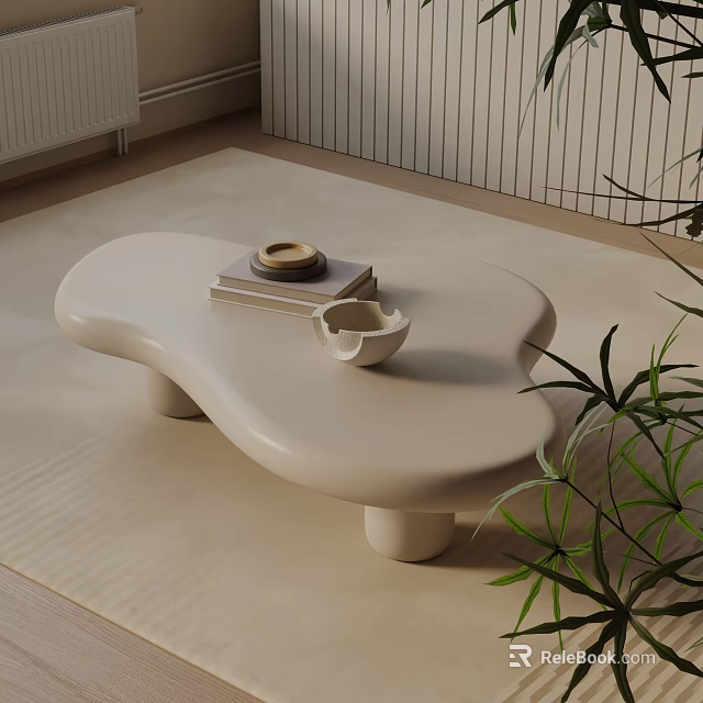Modern Sofa and Coffee Table Set with Irregular Beige Table and Green Plants 3d model