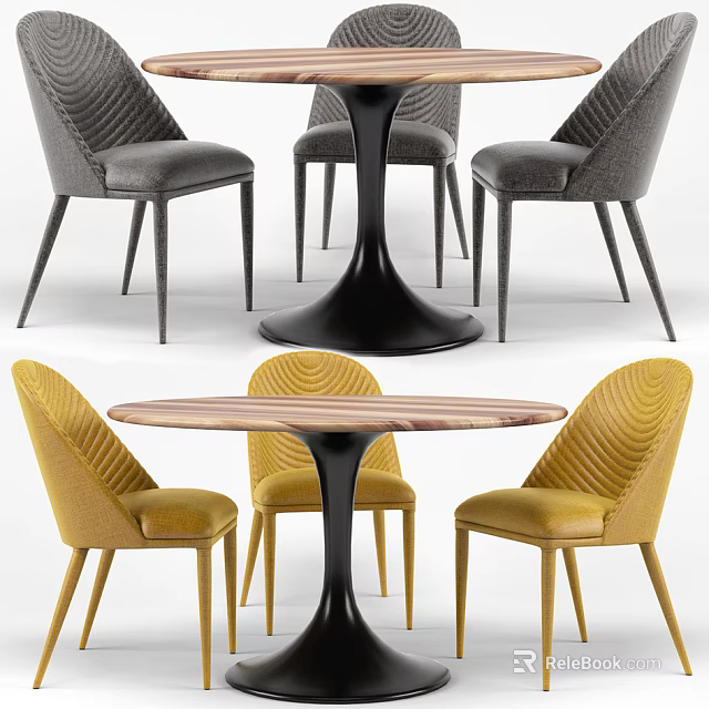 Modern Round Dining Table Set With Marble Top And Upholstered Chairs In Yellow And Gray 3d model 
