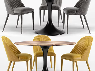 Modern Round Dining Table Set With Marble Top And Upholstered Chairs In Yellow And Gray 3d model