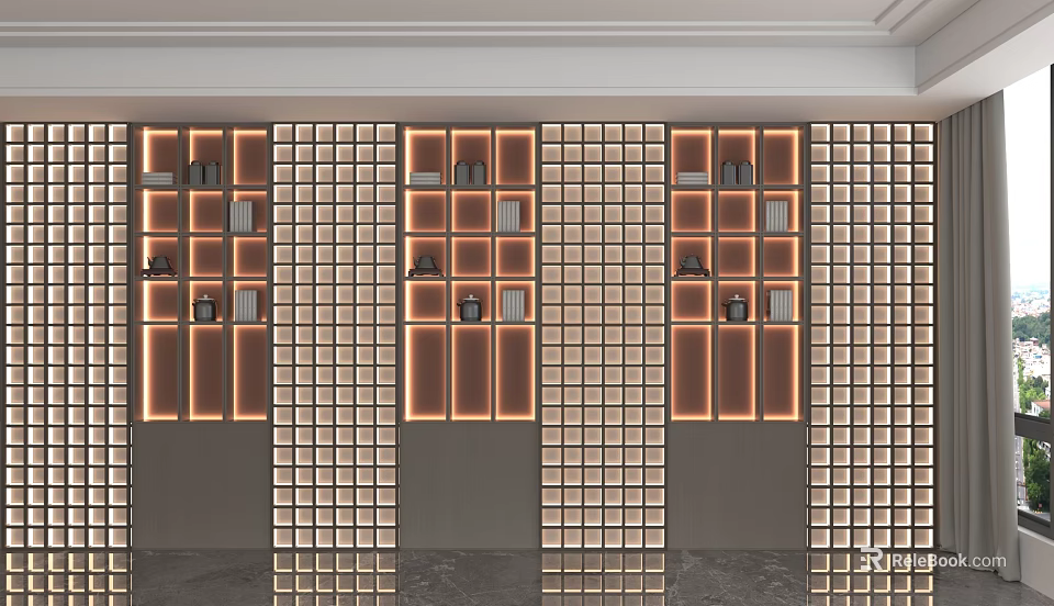 Contemporary Storage Cabinet Shelving With Grid Pattern Design And Warm LED Lighting Arrangement 3d model 