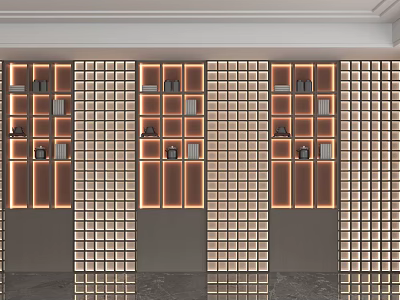 Contemporary Storage Cabinet Shelving With Grid Pattern Design And Warm LED Lighting Arrangement 3d model