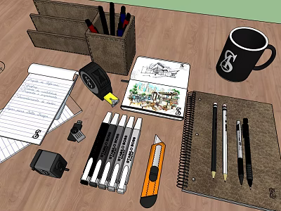 Desk Stationery Setup With Notebooks Pens Pencils Sketchbook Mug And Ruler 3d model