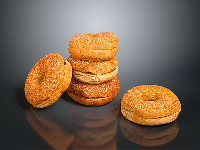 Golden Brown Sesame Seed Bagels Stacked and Single on Black Surface 3d model