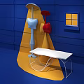 Vibrant Blue And Yellow Room With Abstract Sculptures White Table And Small Window