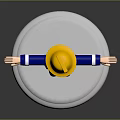 Firefighter Sculpture With Yellow Helmet Blue Uniform Yellow Pants Silver Base Arms Outstretched
