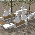 Stylish Outdoor Chairs On Wooden Deck With Trees And People Sitting Comfortably