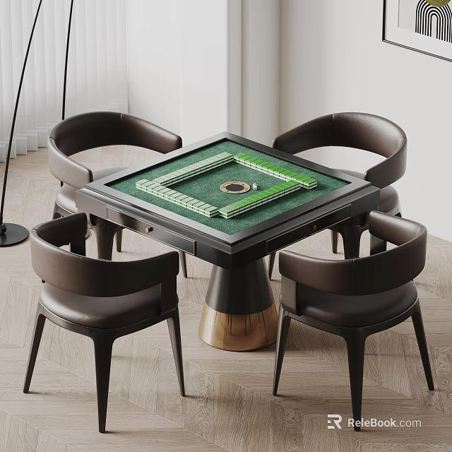 Modern Square Entertainment Table With Green Mahjong Layout And Four Brown Chairs 3d model 
