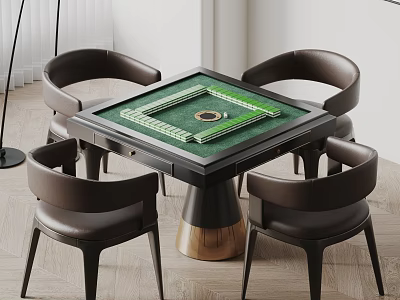 Modern Square Entertainment Table With Green Mahjong Layout And Four Brown Chairs 3d model